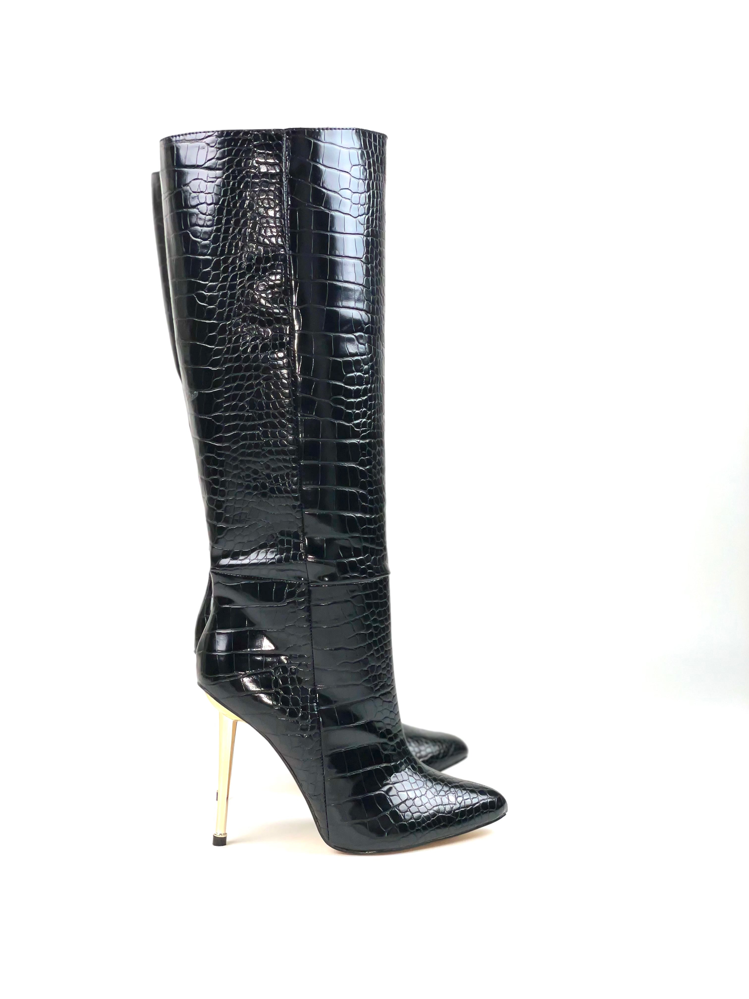 Black Ryder Croc Embellished Stiletto Boot