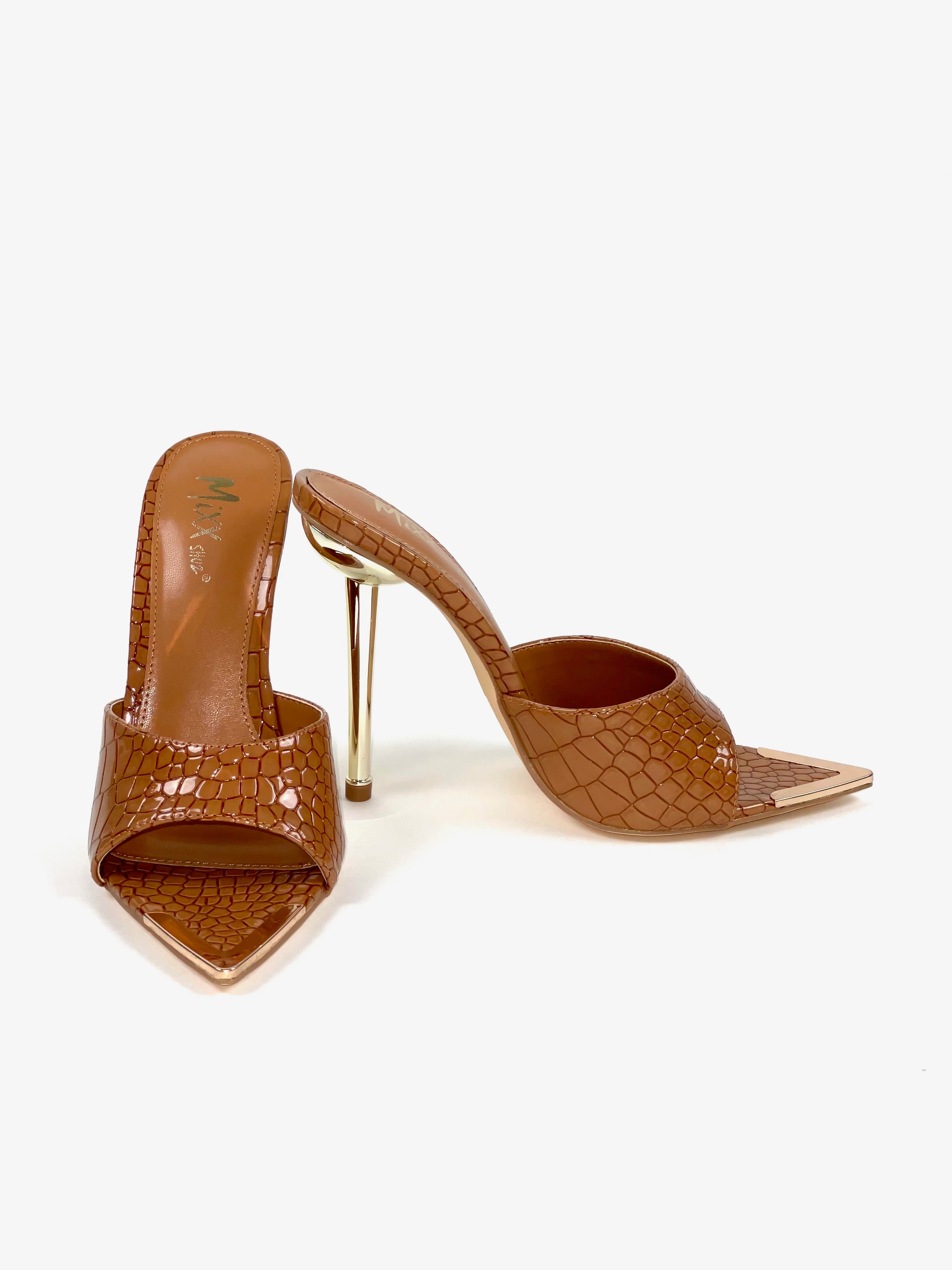 Brown Stacy Croc Peep-toe Mule