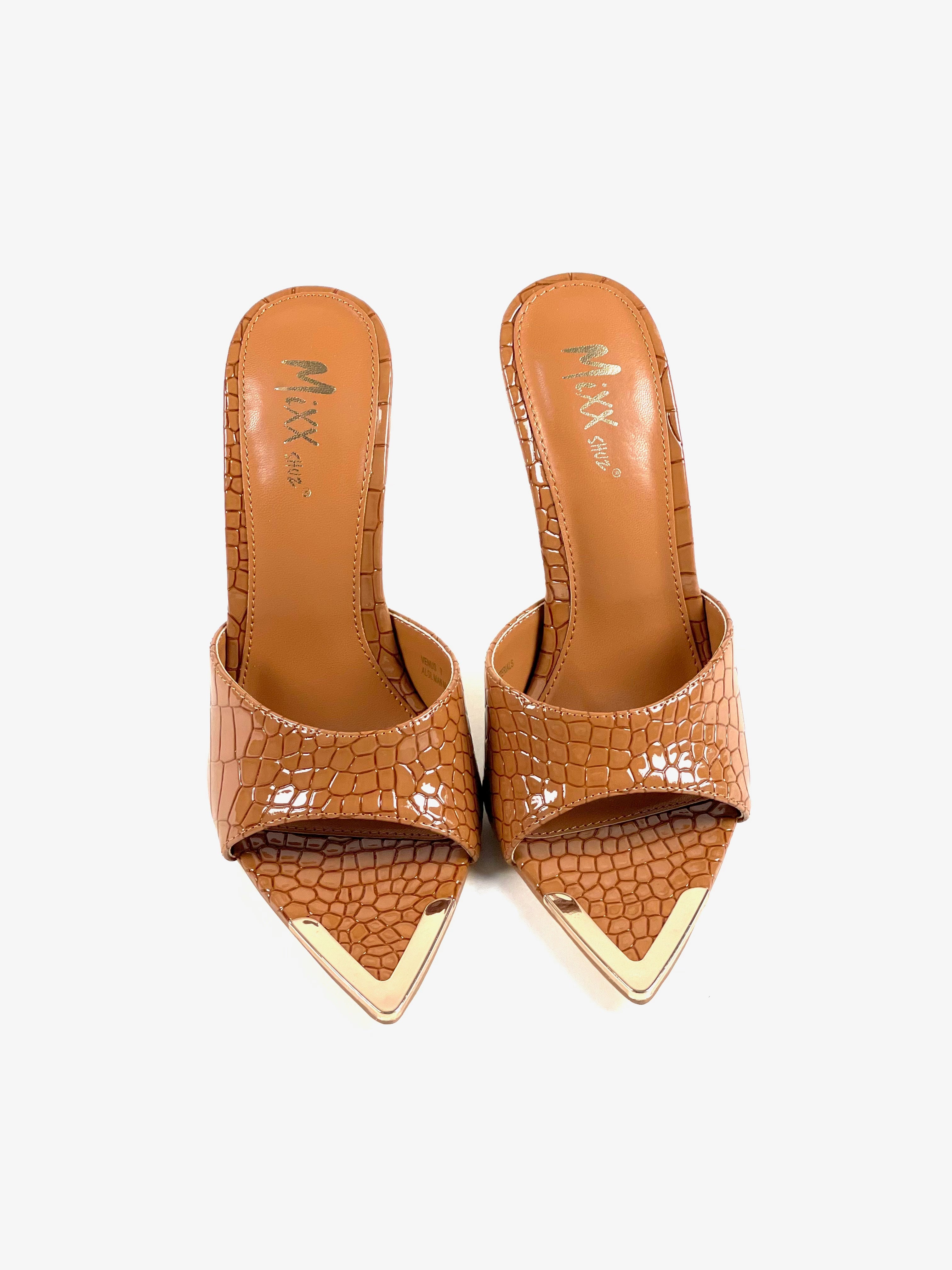 Brown Stacy Croc Peep-toe Mule